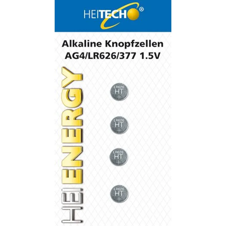 HEITECH 4er Pack AG4 Alkaline Knopfzellen Batterie 1,5V - LR66 - L626 - LR626 - SR66 - SR626 - SR626SW - 177-377 - Knopfbatterien auslaufsicher & mit Langer Haltbarkeit