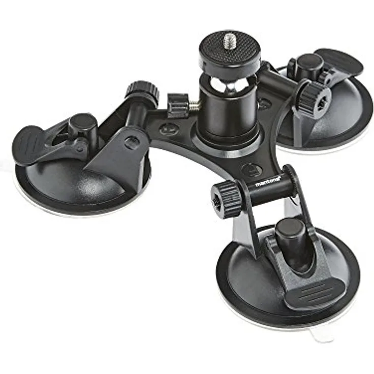 Mantona Saugnapfhalterung 3-Bein Grösse L (für GoPro Hero 6 5 4 3+ 3 2 1, Session und andere kompatible Action Cams, inkl. hochwertigem Aluminium Kugelkopf, 3 Saugnäpfe)