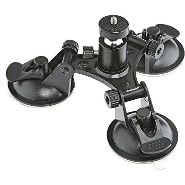 Mantona Saugnapfhalterung 3-Bein Grösse L (für GoPro Hero 6 5 4 3+ 3 2 1, Session und andere kompatible Action Cams, inkl. hochwertigem Aluminium Kugelkopf, 3 Saugnäpfe)