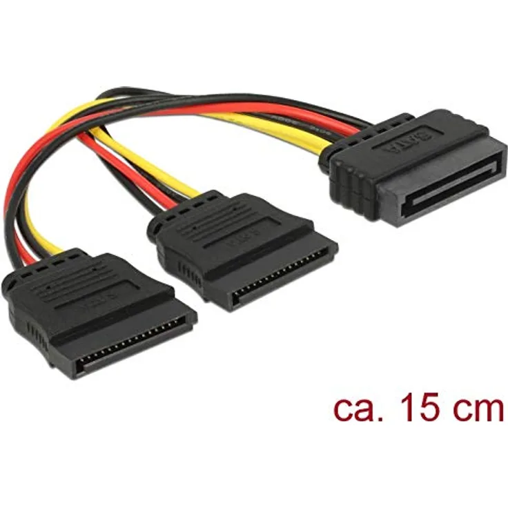 DeLOCK - Netz-Splitter - SATA-Stromstecker (M) gerade bis SATA-Stromstecker (W) gerade - 15cm - Schwarz, Gelb, Rot (60174)