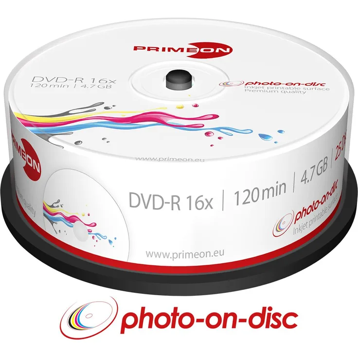 PRIMEON DVD-R 4.7GB-120Min-16x Cakebox (25 Disc), photo-on-disc Surface, Inkjet Fullsize Printable