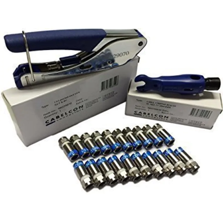 Cabelcon SET bestehend aus Kompressionszange Pocket Tool + Cable Stripper + 20 Stück Kompressions-F-Stecker (20 Stk CX3 5.1 HQ + Stripper blau)