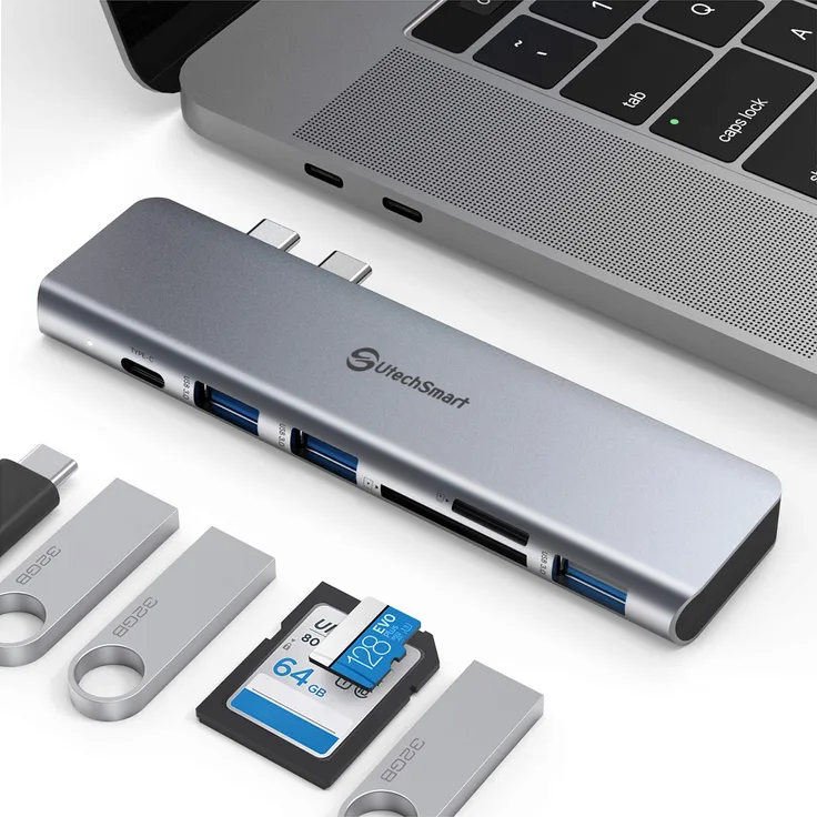 USB-Hub C Multi USB C-Adapter, Aluminium Thunderbolt 3 Typ C Adapter Dongle MacBook Pro Zubehör mit 3 USB 3.0 Anschlüssen, TF SD-Kartenleser, USB-C PD Kompatibel für MacBook Pro 13 ''und 15'' 2018 2019
