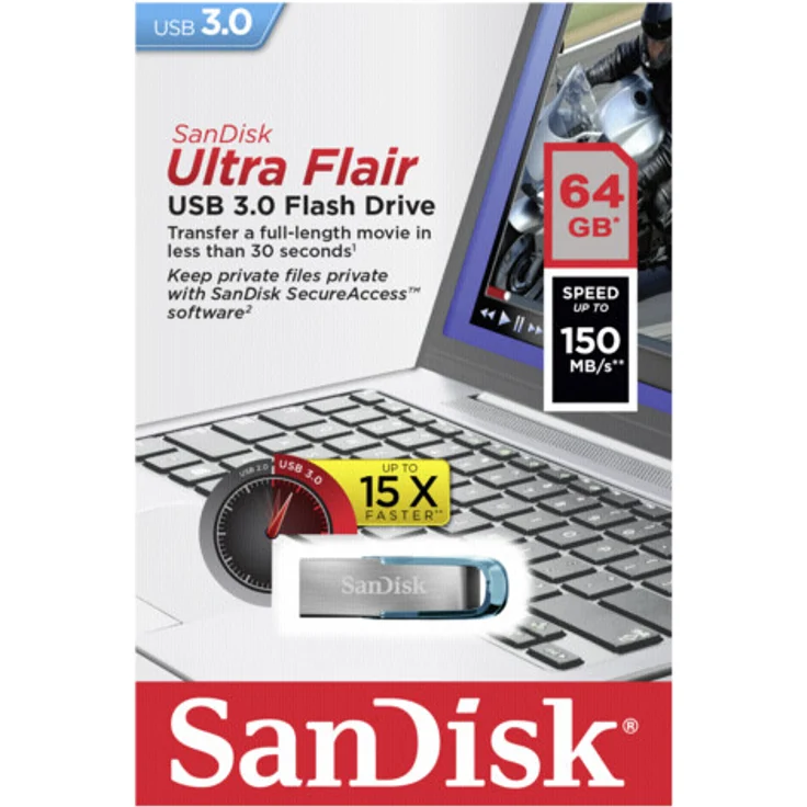 SanDisk Ultra Flair 64 GB USB Flash-Laufwerk USB 3.0 mit bis zu 150 MB-Sek, blau – Bild 1