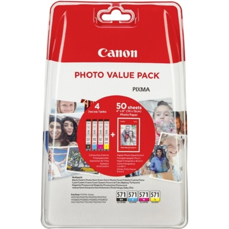 Canon CLI-571 Tinte + Fotopapier - Multipack (Schwarz, Gelb, Cyan, Magenta) + 50 Blatt Fotoglanzpapier 10 x 15 cm Original – Bild 1