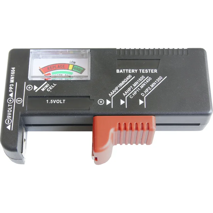CON:P Batterietester - Mit analoger Anzeige - Zum Prüfen des Ladezustands - Ideal für Batterietypen AAA, AA, C, D (1,5 Volt & 9 Volt) - Einfache Bedienung - Batterie-Prüfgerät - Messgerät - B29821