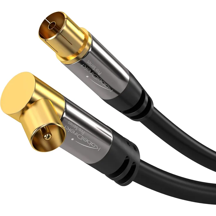 KabelDirekt - Antennenkabel - 2m - (75 Ohm, 90° gewinkelter Koax Stecker M > gerade Koax Buchse W, Koaxialkabel geeignet für TV, HDTV, Radio, DVB-T2, DVB-C, DVB-S, DVB-S2, Winkelstecker)