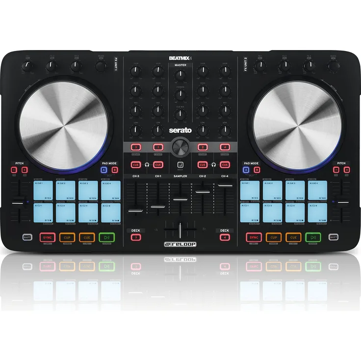 Reloop Beatmix 4 MK2 ? 4-Deck USB Performance Pad DJ Controller - 16 Multi-Colour Drum Pads mit Jogwheels und integrierter Soundkarte, Plug and play für Serato DJ, MIDI kompatibel, USB Bus Powered, (schwarz)