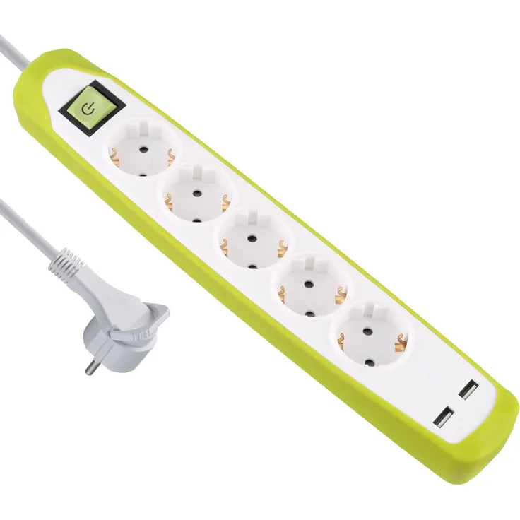 Electraline 62161 Gummy-Line Steckdosenleiste 5-Fach mit Schalter + 2 USB 2.1A, Kabel 2m - Mehrfachsteckdose-Tischsteckdose Steckerleiste, Extra Flacher Stecker, grün