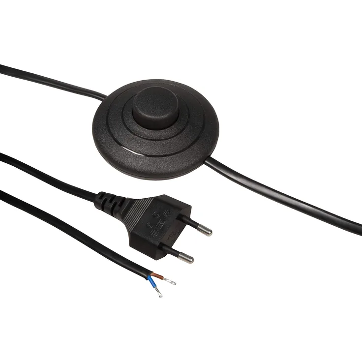 MC POWER - Euro Netzkabel Anschlusskabel | Fußschalter und blanken Enden, 2m | ideal für Lampen und Leuchten (schwarz)