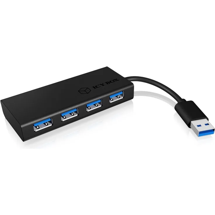 Icy Box IB-AC6104-B 4-fach USB 3.0 Hub (4x USB 3.0 Anschlüsse), integriertes USB-Kabel, 5 V Stromanschluss, Aluminium, Schwarz