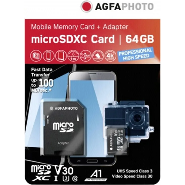 Agfaphoto 10582A1 64GB microSDXC Class 10 UHS-I U3 V30 Speicherkarte
