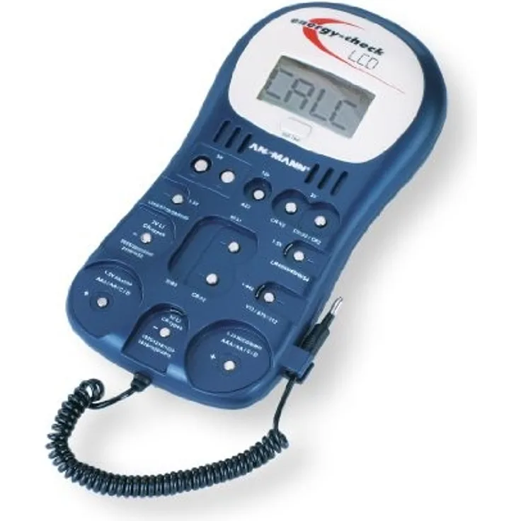 ANSMANN Batterietester Energy Check LCD - Zuverlässiges Profi Testgerät mit digital Anzeige für Kapazität, Spannung & Energiegehalt - Universal Tester für Akku, Batterie, Knopfzellen etc.