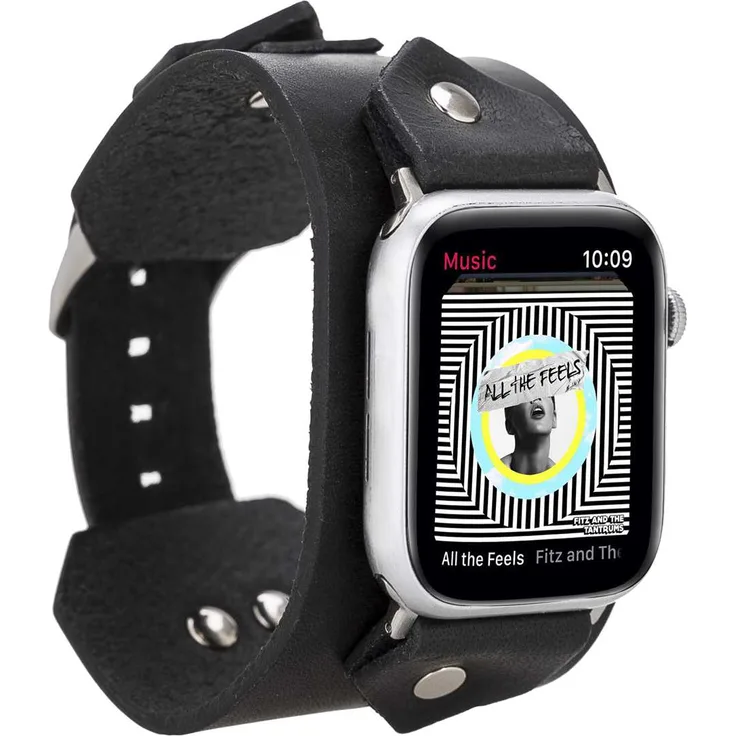 BURKLEY Apple Watch Büffel Leder Armband Schwarz genietet Ersatzarmband in 42/44mm