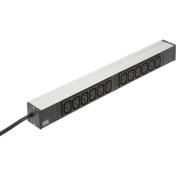 BACHMANN 333.616 Steckdosenleiste 19 Zoll, 1 HE, 12 x C13 Verriegelung, Zuleitung 2 m, Grau