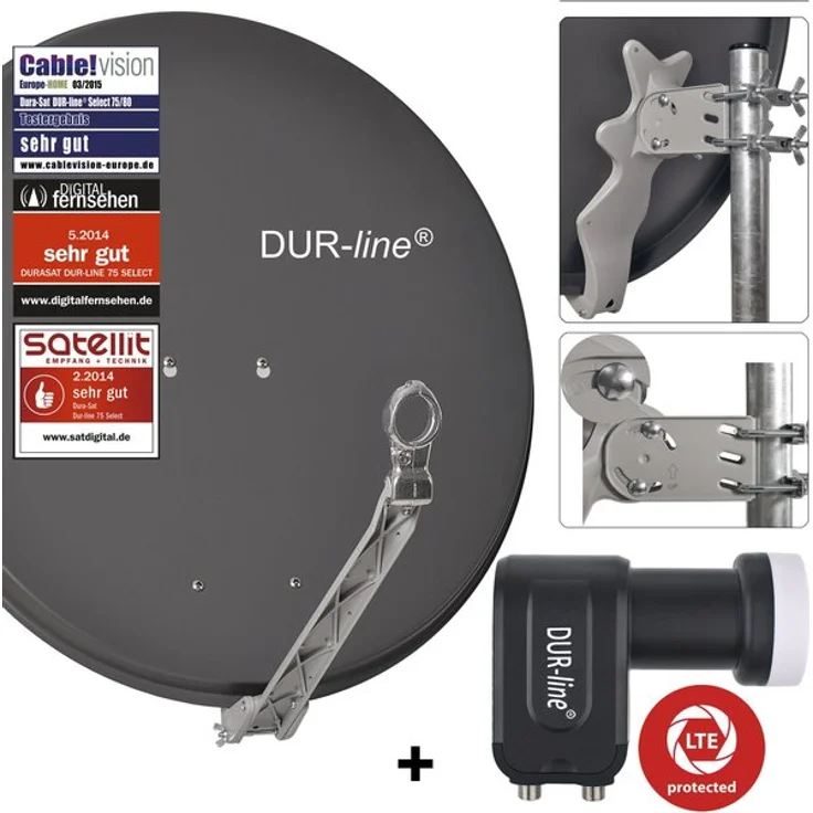 DUR-line 2 Teilnehmer Set - Qualitäts-Alu-Satelliten-Komplettanlage - Select 75/80cm Spiegel/Schüssel Anthrazit + Twin LNB - für 2 Receiver/TV [Neuste Technik, DVB-S2, 4K, 3D] – Bild 1