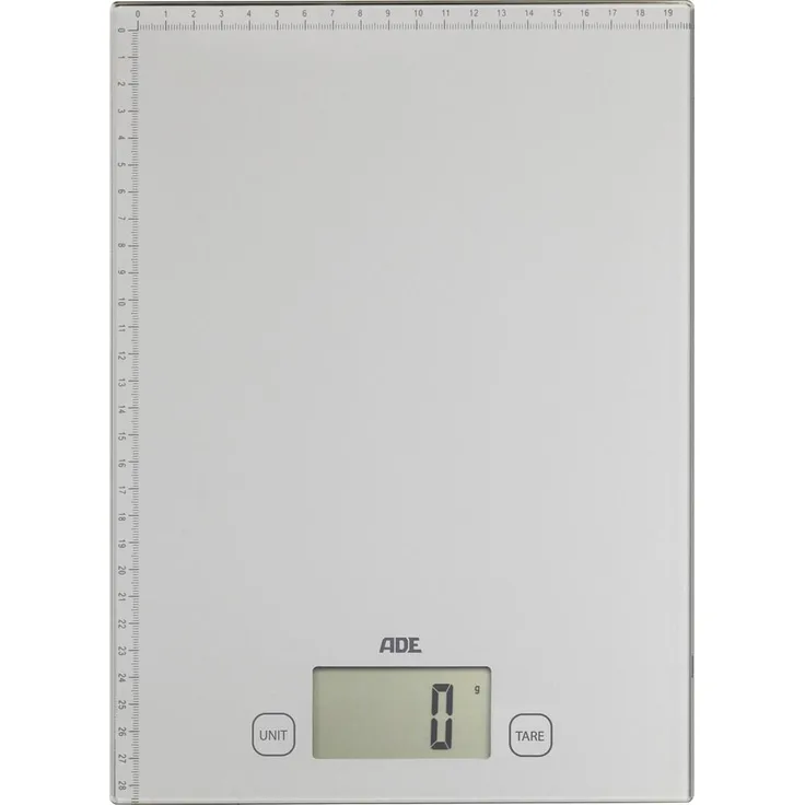 ADE Digitale Paketwaage KE 1700 Bridget. Elektronische Waage für Pakete, Päckchen und Briefe. Mit praktischem Zentimetermaß auf der Wiegefläche. Grammgenau wiegen bis 20 kg. Inklusive Batterie. Silber