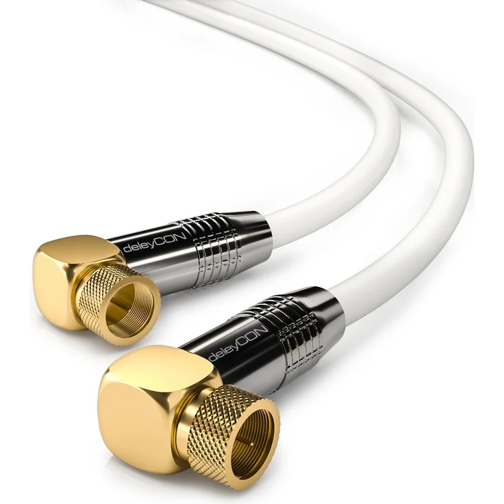 deleyCON 1,5m SAT Antennenkabel PREMIUM HDTV Satellitenkabel gewinkelt Koaxialkabel - F-Stecker (90° Grad) zu F-Stecker (90° Grad) - Weiß - METALL vergoldet – Bild 1