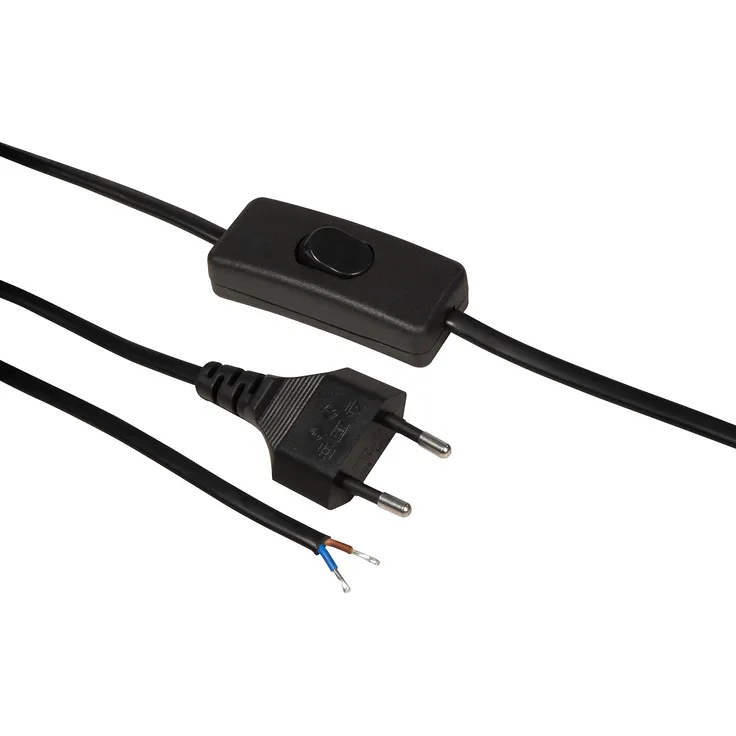 McPower - Euro Netzkabel Anschlusskabel | Schnurschalter und blanken Enden, 2m | ideal für Lampen und Leuchten (schwarz)