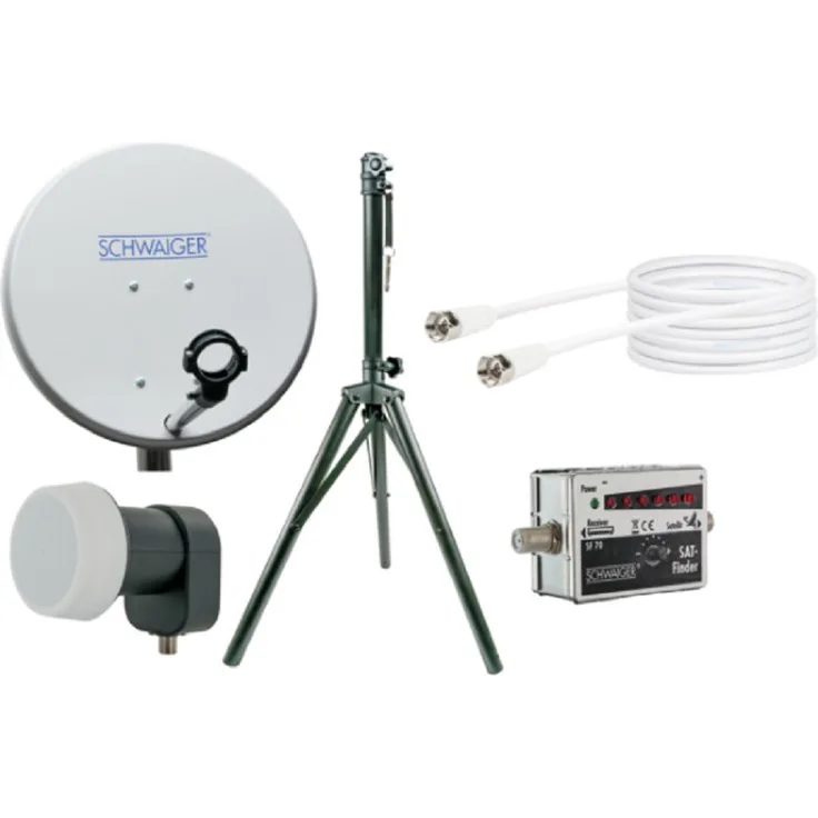 Schwaiger Camping Satellitenanlage Set mit Stativ Spiegel LNB Sat Finder Kabel