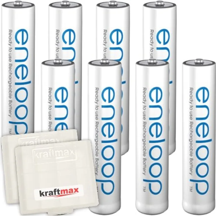 Kraftmax 8er-Pack Panasonic Eneloop AAA / Micro Akkus Neueste Generation Hochleistungs Akku Batterien in Kraftmax Akkuboxen V5, 8er Pack