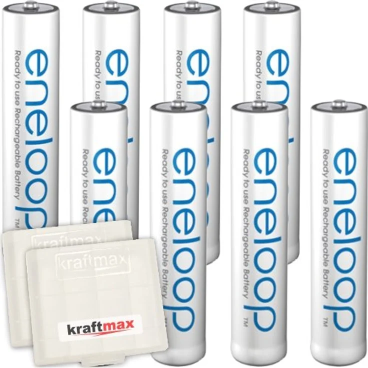 Kraftmax 8er-Pack Panasonic Eneloop AAA / Micro Akkus Neueste Generation Hochleistungs Akku Batterien in Kraftmax Akkuboxen V5, 8er Pack