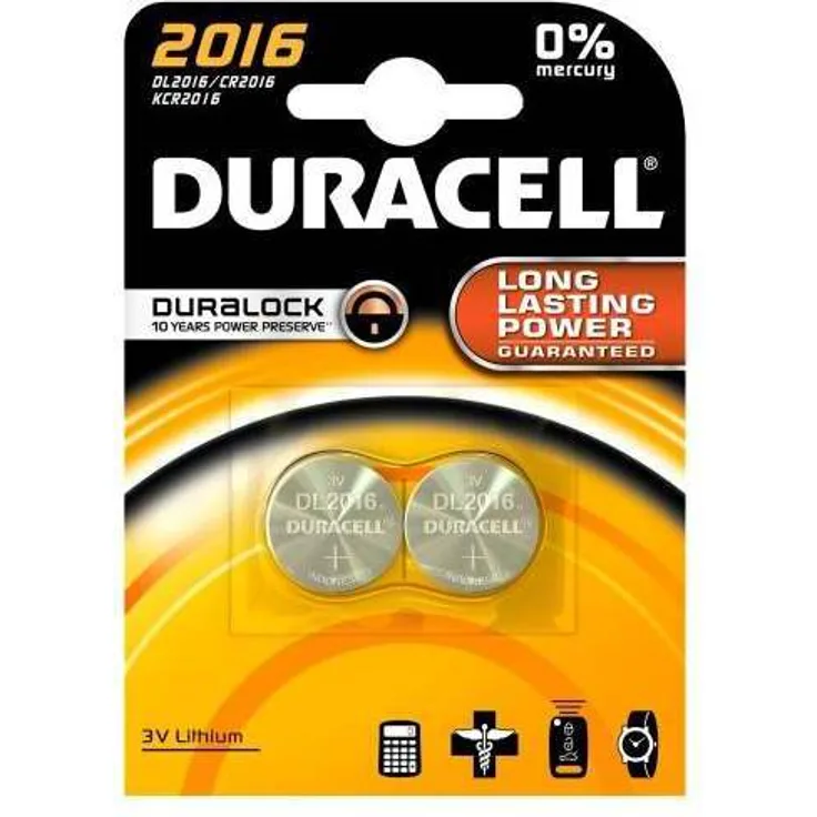 Duracell Specialty 2016 Lithium-Knopfzelle 3 V, 2er-Packung (CR2016 -DL2016) entwickelt für die Verwendung in Schlüsselanhängern, Waagen, Wearables und medizinischen Geräten.