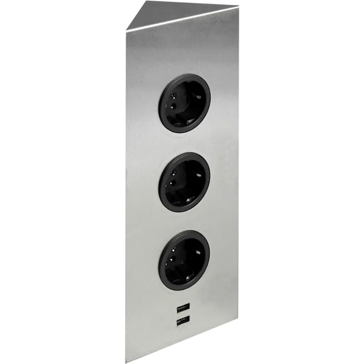 Eck-Energiebox 3-fach mit 2 USB Ports in Edelstahl gebürstet für die Eckmontage / Ecksteckdosen / Steckdosenleiste