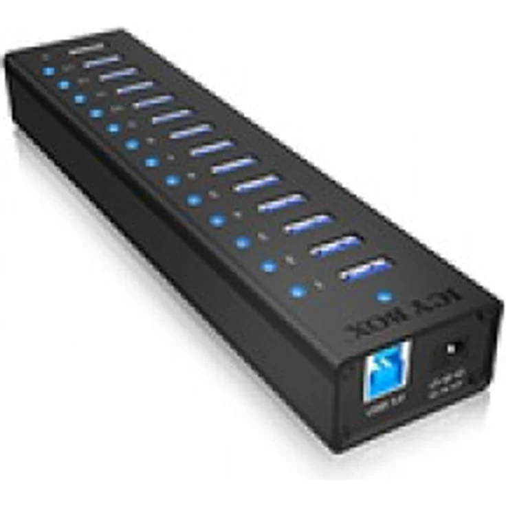 Icy Box IB-AC6113 13-fach USB 3.0 Hub mit 12 V - 5 A Stromadapter, Aluminiumgehäuse und USB-Ladeport schwarz – Bild 1