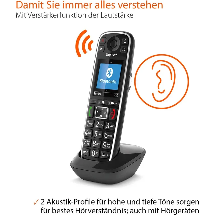 Gigaset E720HX elegantes IP-/Seniorentelefon zum Anschluss an Basisstationen oder Router (DECT Telefon mit Rufnummeransage, Bluetooth, SOS Funktion, einfacher Bedienung), VoIP-Telefon, schwarz – Bild 5