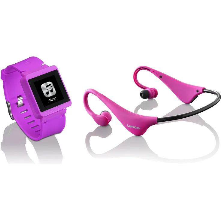 LENCO MP3 Sportwatch-100 mit BH-100 Bluetooth Kopfhörer (MP3, Micro-USB, Touchscreen, Schrittzähler, spritzwassergeschützt nach Norm IPX-4, Silikon-Uhrarmband) pink