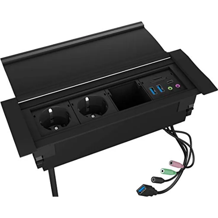 ICY BOX Tischsteckdose mit USB, versenkbar, USB 3.0 Hub, Kartenleser, Audio, Dual Steckdose, Aluminium, Schutzklappe, Schwarz, IB-TS401-4