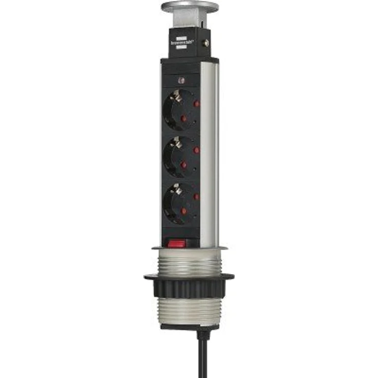 Brennenstuhl Tower Power, Tischsteckdosenleiste 3-fach (versenkbare Steckdosenleiste, 2m Kabel, komplett in Tischplatte versenkbar) alu - schwarz – Bild 1