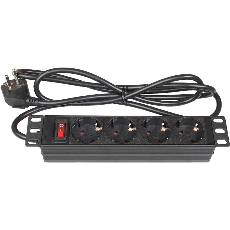Good Connections Steckdosenleiste 10'' PDU (1HE) - Schutzkontakt-Stecker an 4x Schutzkontakt-Buchse - Schalter, Kinderschutz - Aluminium-Profil - schwarz