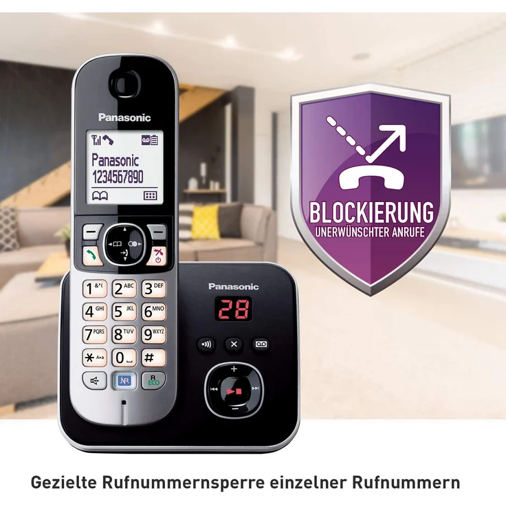 Panasonic KX-TG6822GB DECT Schnurlostelefon mit Anrufbeantworter, strahlungsarm, Eco-Modus, GAP Telefon, Festnetz, Anrufsperre, DUO, schwarz – Bild 2