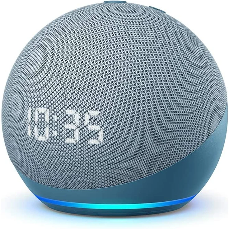 Amazon Echo Dot mit Uhr (4. Generation) Smart Clock für den Nachttisch, mit Alexa, Blaugrau – Bild 1