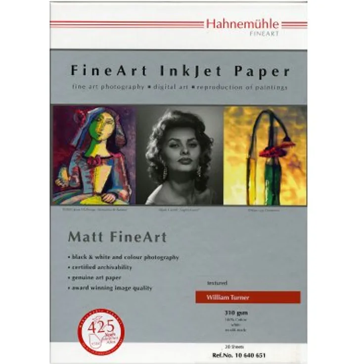 Hahnemühle 10641647 Digital FineArt William Turner Papier, 310 g-m², DIN A4, 210 x 297 mm, weiß