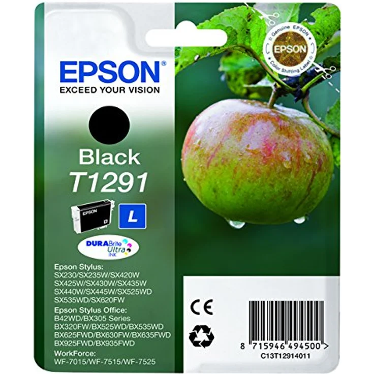 Epson Original T1291 Apfel Tinte (SX420W BX320FW SX620FW BX-SX525WD BX625FWD BX305FW B42WD BX925FWD BX635FWD BX535WD SX435-440W BX630FW SX235W WF7015 7515 7525 3010 3520 3540) schwarz – Bild 1