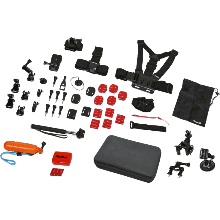 Rollei Actioncam Zubehör Set Sport XL - 49-teiliges Zubehör Set, inkl. Tasche, Mini Stativ und Selfie Stick, kompatibel mit allen Rollei und GoPro Actioncams