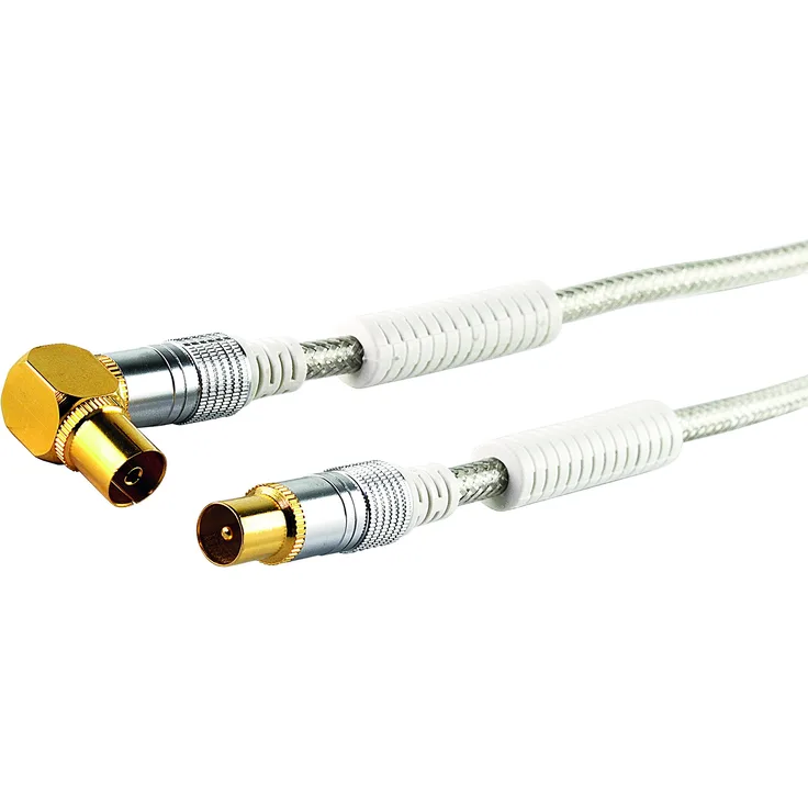 Schwaiger Premium Antennen Anschlusskabel 110 dB mit Ferritkern, 3,0m, transparent, IEC Stecker > 90° IEC Winkelbuchse, 4-Fach Schirmung, 75 Ohm, digital, HDTV, DVB-C-DVB-T2