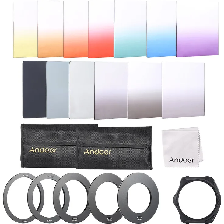 Andoer Rechteckiges Farbfilter-Set, 13-teilig, für Cokin P Serie, mit Filter-Halter, Adapterringen (52, 58, 62, 67, 72 mm), Aufbewahrungstasche, Reinigungstuch