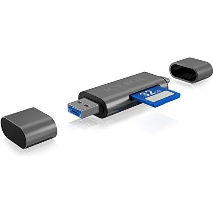 ICY BOX USB OTG Kartenleser Stick für Android Smartphone und Tablet, SD und microSD, 3 USB Anschlüsse (USB-C, USB-A, Micro USB), extern, grau
