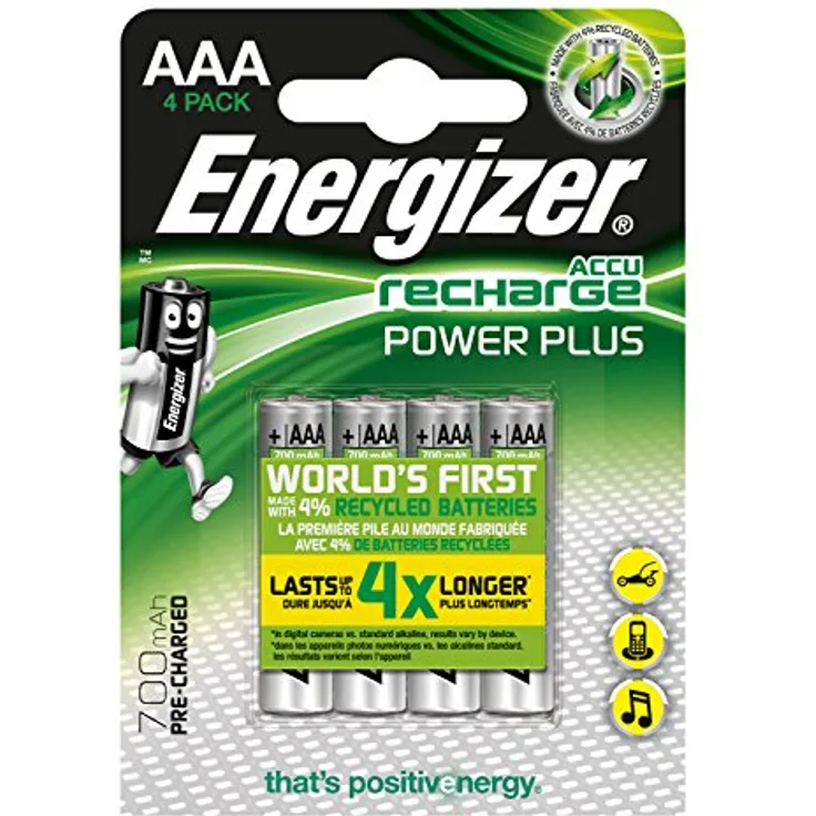 Energizer AAA Akkus, Recharge Power Plus Akku, 4 wiederaufladbare Batterien AAA