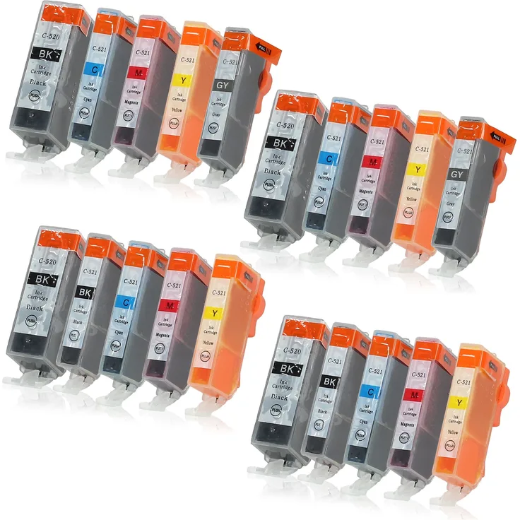 20 Druckerpatronen mit Chip und Füllstandsanzeige kompatibel zu Canon PGI-520 / CLI-521 (4x Schwarz, 2x Photoschwarz, 4x Cyan, 4x Magenta, 4x Gelb, 2x Grau) passend für Canon Pixma MP-980 MP-990