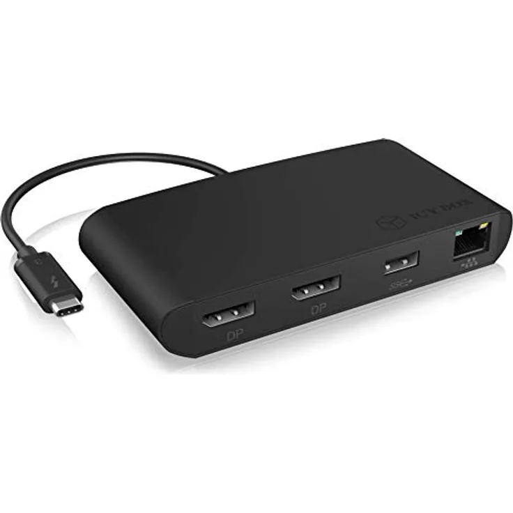 ICY BOX Thunderbolt 3 Dock für 2 Monitore, 2x DisplayPort (4K UHD 60 Hz, MST), USB 3.0, LAN, Aluminium, schwarz