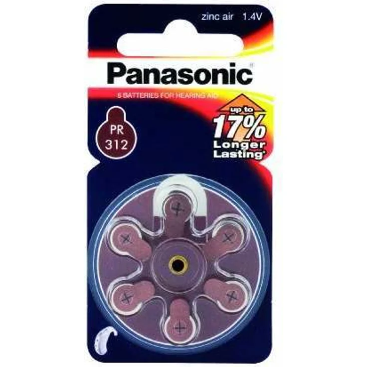 Panasonic PR312 Zink-Luft-Batterien für Hörgeräte, Typ 312, 1.4V, Hörgerätbatterien, 6 Stück, braun – Bild 1
