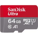 SanDisk Ultra 64GB (SDSQUAR-064G-GN6MA)microSDXC Speicherkarte + Adapter bis zu 100 MB-Sek., Class 10, U1, A1,Grau, Rot