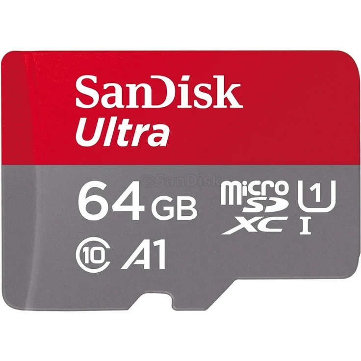 SanDisk Ultra 64GB (SDSQUAR-064G-GN6MA)microSDXC Speicherkarte + Adapter bis zu 100 MB-Sek., Class 10, U1, A1,Grau, Rot – Bild 1