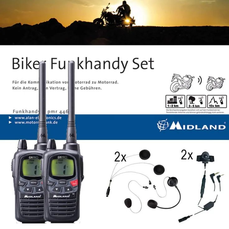 Midland G9 Pro Bikerset, C923.S1, 2x Funkgeräte mit Headsets für Motorrad-Helme, wasserdichte Walkie Talkies mit Notfallknopf, sehr hohe Sendeleistung