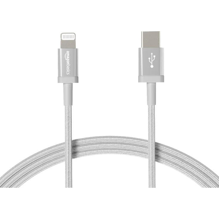 AmazonBasics - USB-C-auf-Lightning-Kabel, geflochtenes Nylon, MFi-zertifiziertes Ladekabel für iPhone 11 Pro-11 Pro Max, Silber, 1,82 m – Bild 1